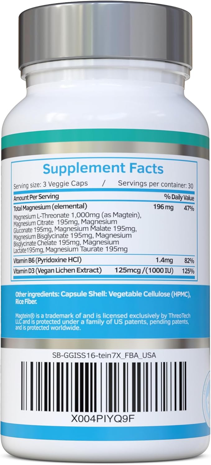 Magnesium L-Threonate Complex 7-in-1 with 1000mg of Magtein Plus Magnesium as Bisglycinate, Taurate, Citrate, Gluconate, Malate & Lactate - Supports Sleep - Vegan, US Made and No Artificial Nasties