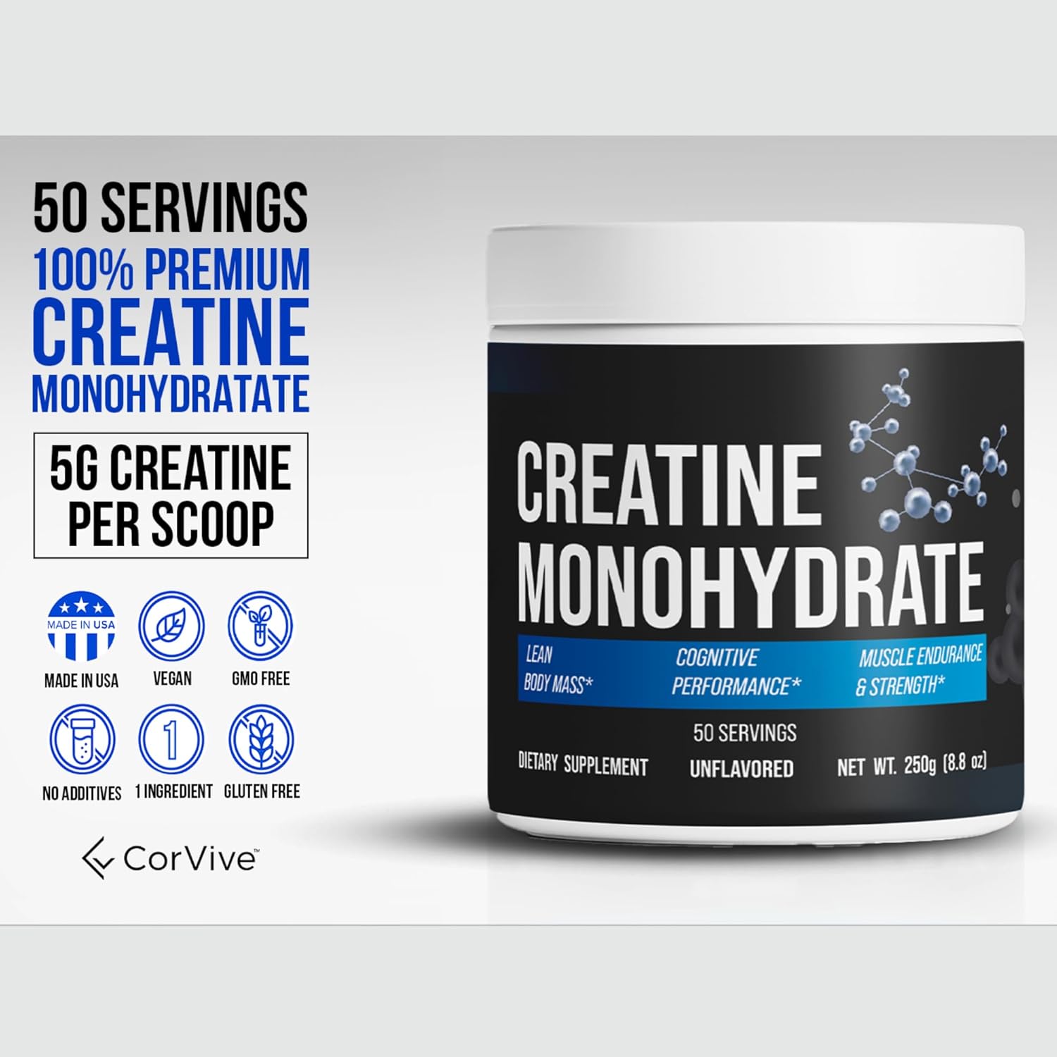 Creatine Monohydrate - Pure & Unflavored Creatine Powder - Vegan, Gluten Free, No Additives, Non-GMO - Easy-Mix Formula for Strength & Performance Support - 5 g per Serving - 50 Servings