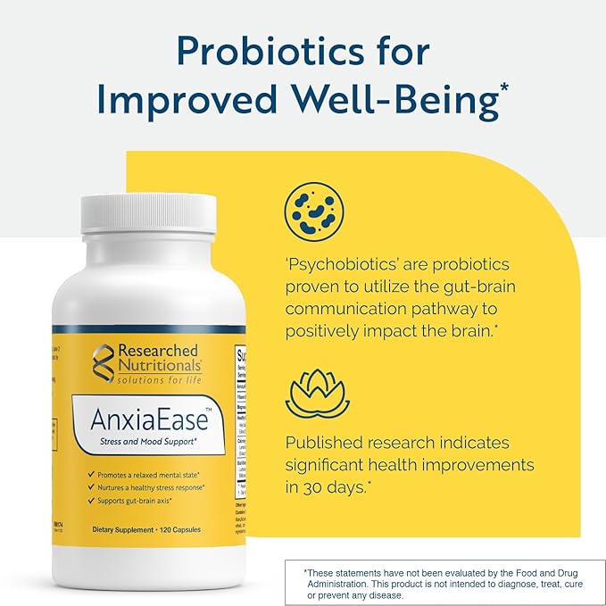 Researched Nutritionals AnxiaEase - Stress, Cortisol Management & Mood Support Supplement - Botanicals, Vitamin B6, Magnesium & 'Psychobiotic' Probiotic Strains (120 Capsules)