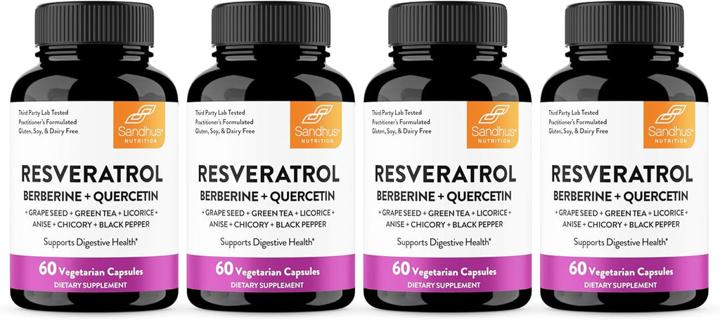 Sandhu's Resveratrol with Berberine for Gut Health | Digestive Supplement for Women & Men | Green Tea, Star Anise, DGL, Grape Seed Extract & Quercetin | Eases Bloating | 60 Capsules (Pack of 4)