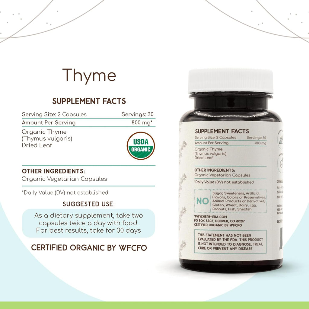 Thyme 60 Capsules, 800 mg, USDA Organic Thyme (Thymus Vulgaris) Dried Leaf (60 Capsules)