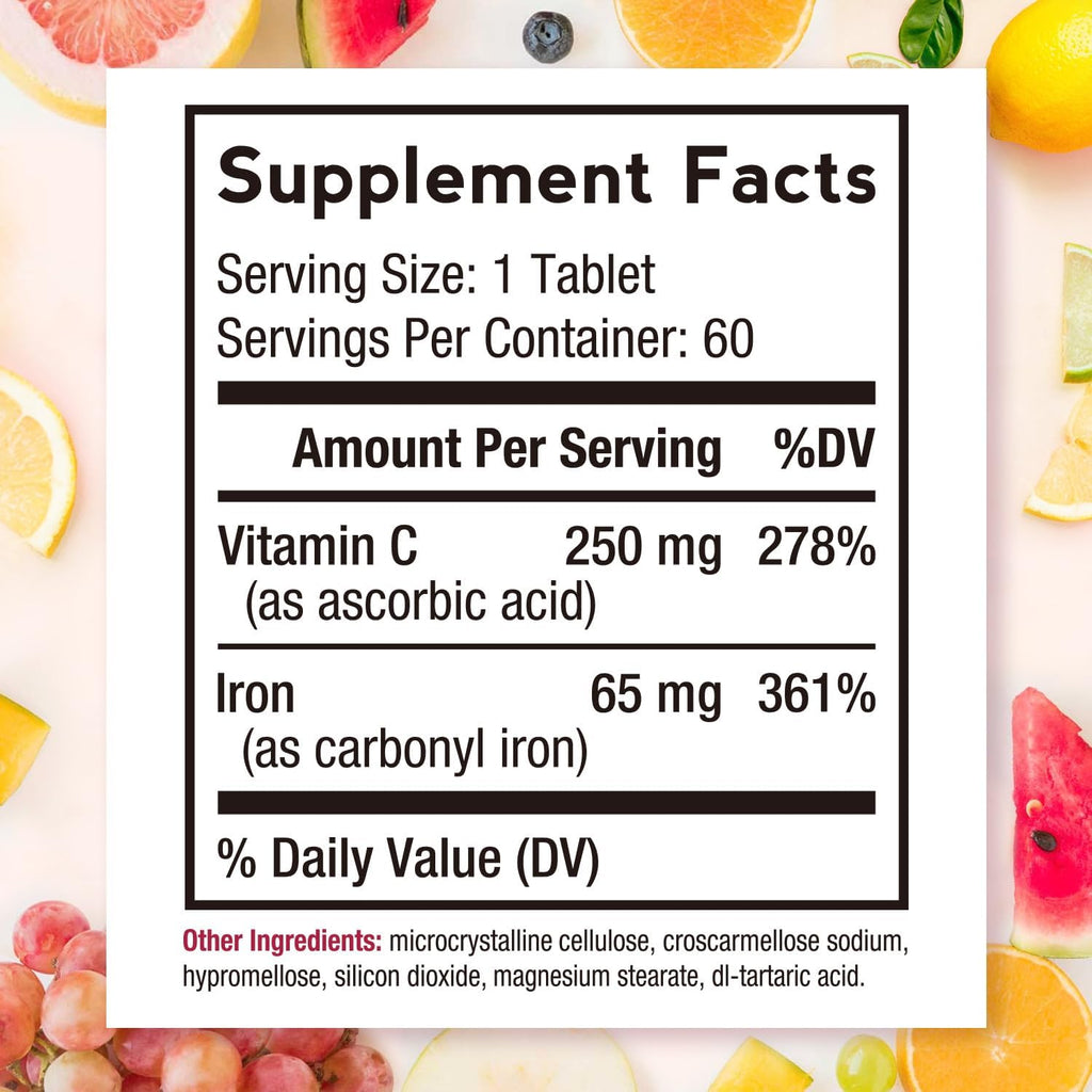 Doctor's Recipes Iron Supplement 65 mg with Vitamin C - Maximized Absorption, Stomach Friendly & High Potency Iron Pills for Red Blood Cells Formation & Immunity Health - Vegan Non-GMO 60 Iron Tablets