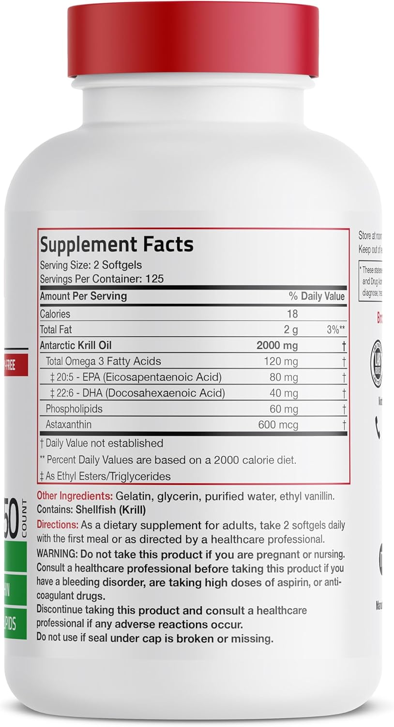 Bronson Antarctic Krill Oil 2000 mg with Omega-3s EPA, DHA, Astaxanthin and Phospholipids, 250 Softgels (125 Servings)