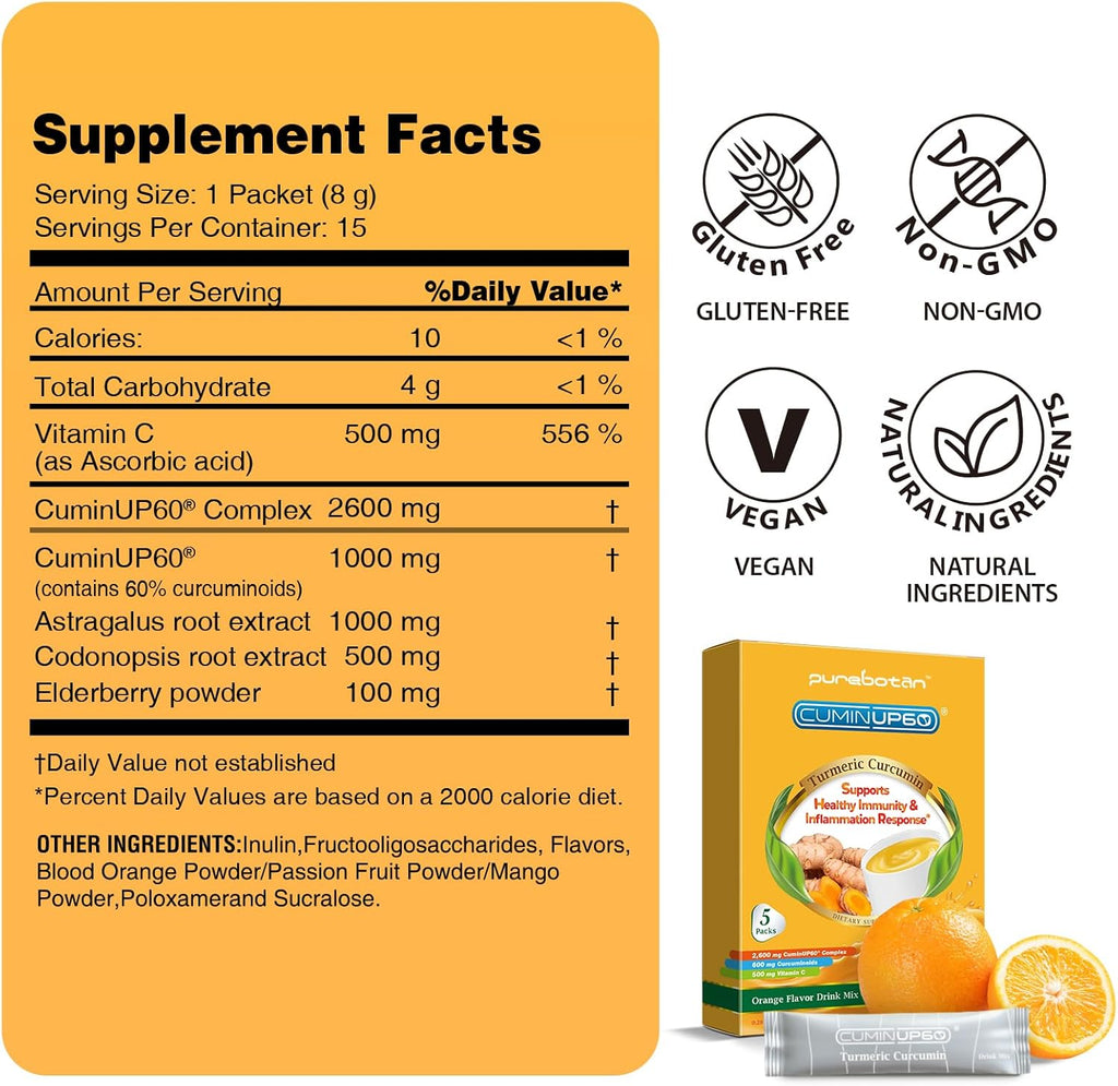 Turmeric Curcumin Drink Powder, Turmeric Immunity Shots with Vitamin C, Orange Flavor Instant Drink Mix Packets, High Absorption Curcumin Complex CuminUP60, Immune & Joint Support Supplement
