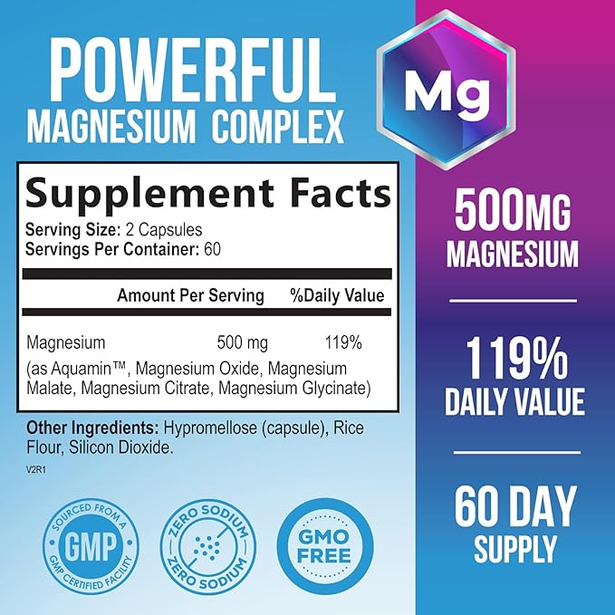 Magnesium Complex Supplement 500 mg - 5 in 1 High Absorption Blend, 100% Chelated Magnesium Glycinate & Malate Plus Citrate, Oxide, Aquamin - Non-GMO, Vegan Formula, Mag Complex Capsules - 120 Count