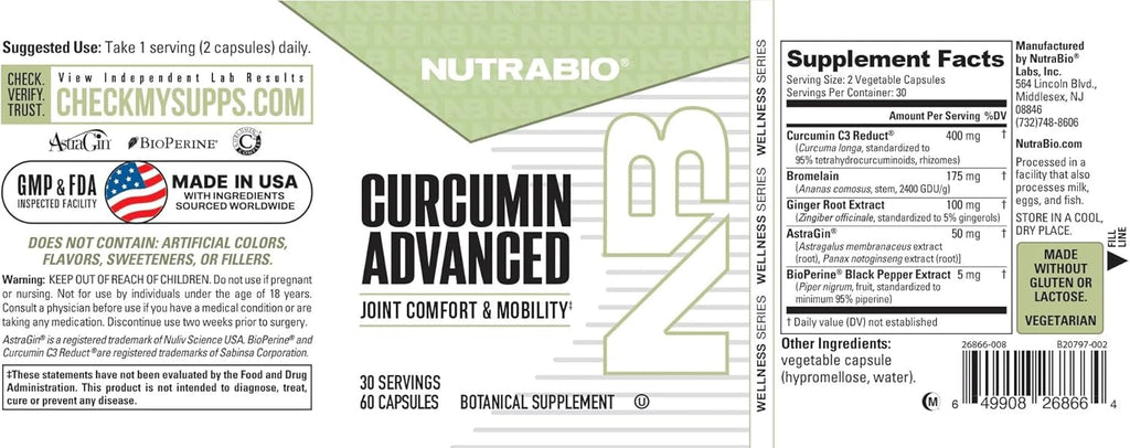 NutraBio Curcumin Advanced Digestion & Joint Support Complex, 60 Vegetable Capsules