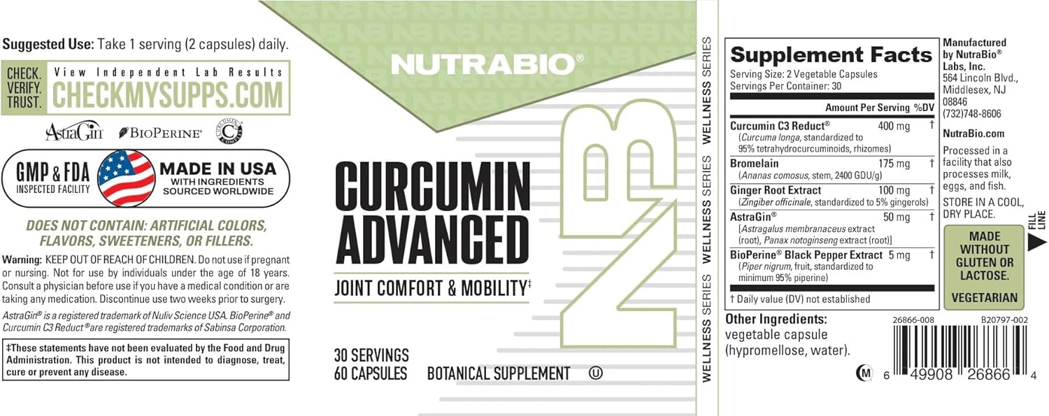 NutraBio Curcumin Advanced Digestion & Joint Support Complex, 60 Vegetable Capsules