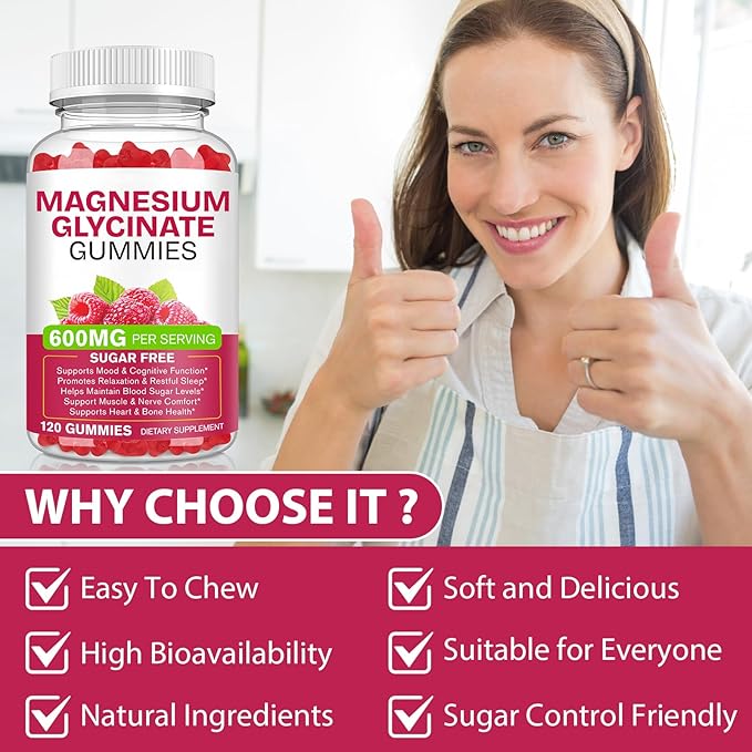 Magnesium Glycinate Gummies 600mg 120 Count - Sugar Free Magnesium Supplement - Supports for Sleep, Memory, Mood, Muscle, Relaxation, Heart & Bone Health