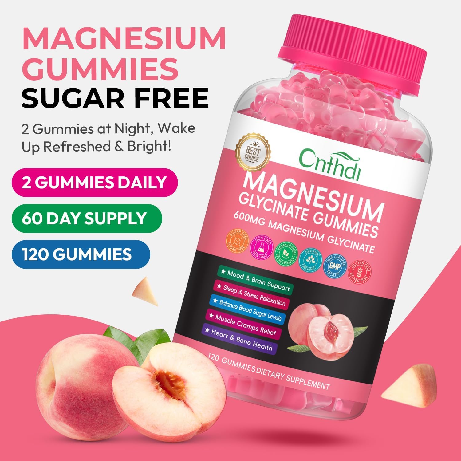 Magnesium Glycinate Gummies Sugar Free, High Absorption Magnesium Complex with L-Threonate, Calcium, B6, D3, Chews Gummies, Relaxation, Stress Relief, Night Rest