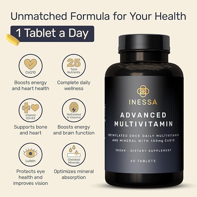Inessa Methylated Multivitamin for Men and Women - Advanced Natural Daily Mens Multivitamins with CoQ10 100mg, Vitamins D3, K2, A, B Complex Vitamins, Folic Acid & Zinc - 60 Vegan Tablets