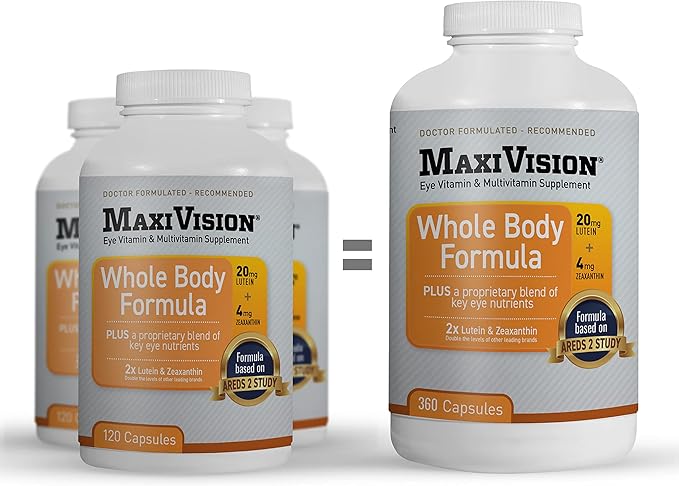 MaxiVision® AREDS 2 Whole Body Formula - AREDS 2 Eye Vitamins w/Lutein and Zeaxanthin - for Macular Support - Eye Supplements for Eye Strain - 360 Capsules Count (360 Capsules 1 Bottle)