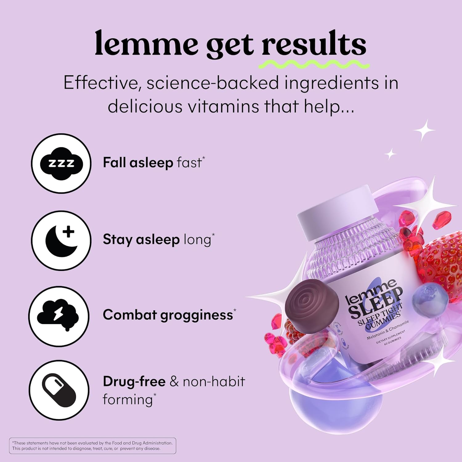Lemme Sleep Gummies with 5mg Melatonin, Elderberry, Magnesium, L-Theanine, Chamomile and Lavender, Drug-Free Nighttime Sleep Aid, Gluten Free, Gelatin Free, Non GMO, Berry Flavored (60 Count)