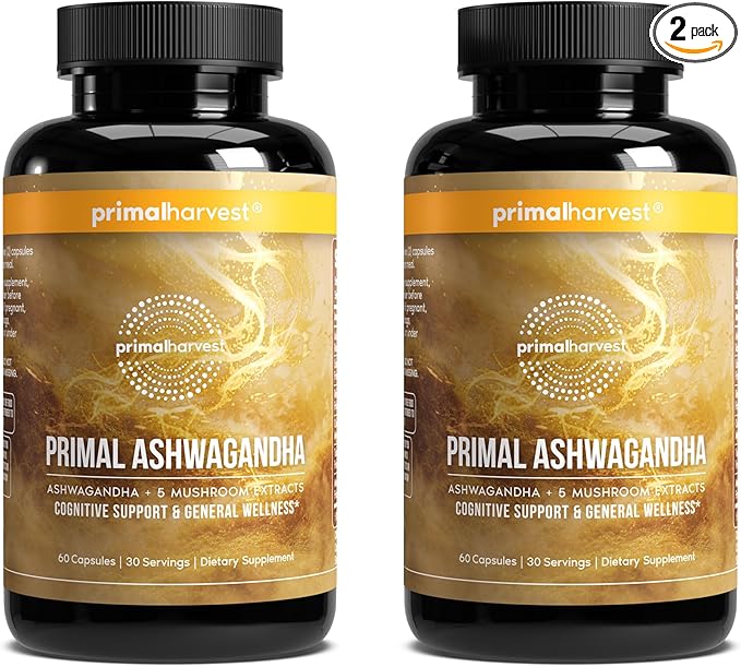 Primal Harvest Ashwagandha Supplement with 5 Mushroom Extracts: Lion’s Mane, Reishi, Cordyceps, Turkey Tail & Maitake for Immune Support & Cognitive Health (60 Count (Pack of 2)