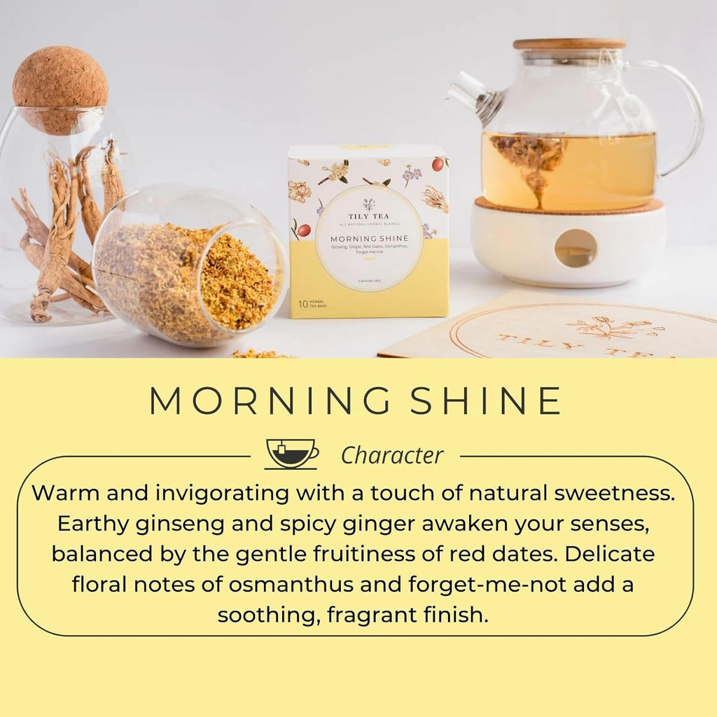 Tily Tea Morning Shine Breakfast Tea - Natural Herbal Tea - Ginger and Ginseng - Caffeine Free - 10 Plastic-Free Teabags