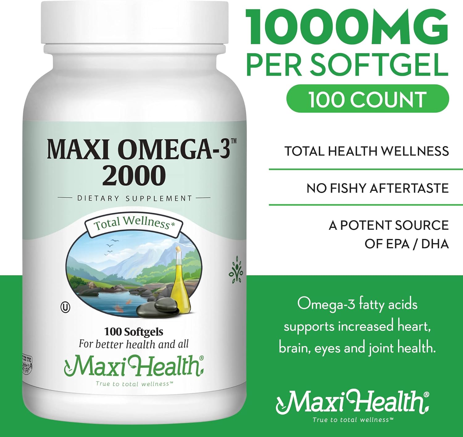 Maxi Health Omega 3 Fish Oil 2000mg – Fish Oil Omega 3 Supplements with No Fishy Aftertaste – Triple Strength EPA DHA – Kosher Omega3 Supplement to Help Support Overall Wellness (100 Softgels)