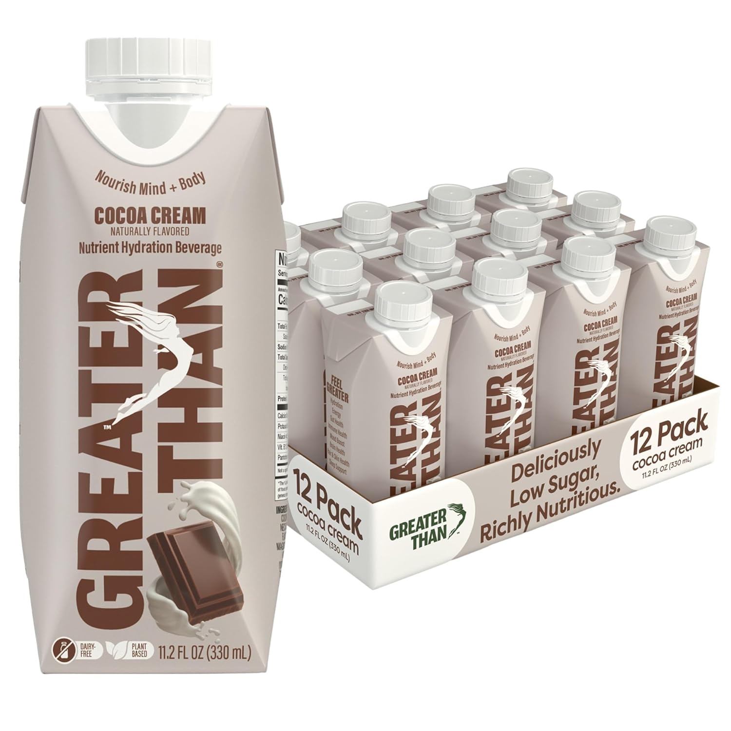 Greater Than Nutrient Hydration Beverage, Electrolyte Drink for Gut Health & Energy with Coconut Water, Vitamins, Gluten Free, Plant Based, Low Sugar, Cocoa Cream, 12 Pack