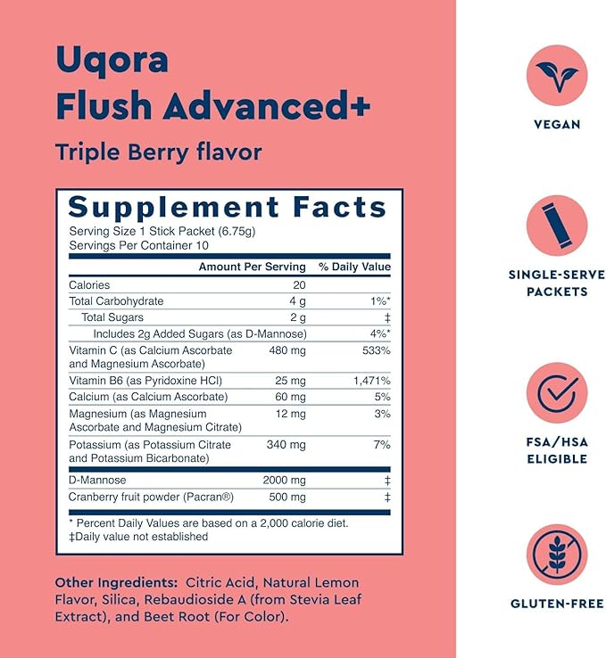 Uqora Flush Advanced+ - Helps Reduce Risk of Recurrent UTI** - with Cranberry, D-Mannose, Vitamin C, Vitamin B6 & Potassium - Gluten-Free & Vegan - Triple Berry Flavor - 30 Packets (3 Pack)