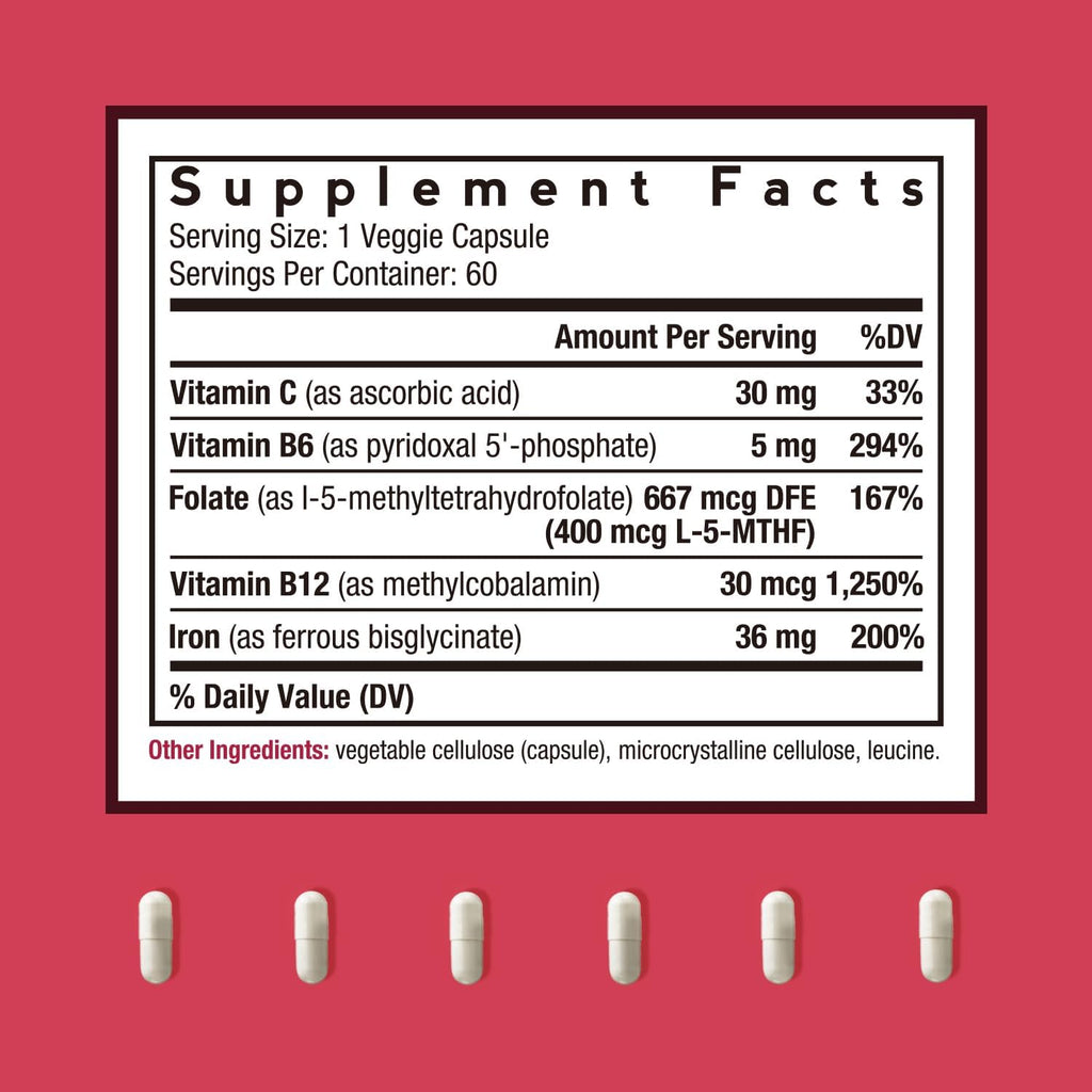 Doctor's Recipes Iron Supplement, Iron Bisglycinate with Vitamin C, B6, Folate & B12, Non-Constipating, Stomach Friendly, Gentle Iron Pills for Iron Deficiency, Blood & Energy Support, 60 Vegan Caps