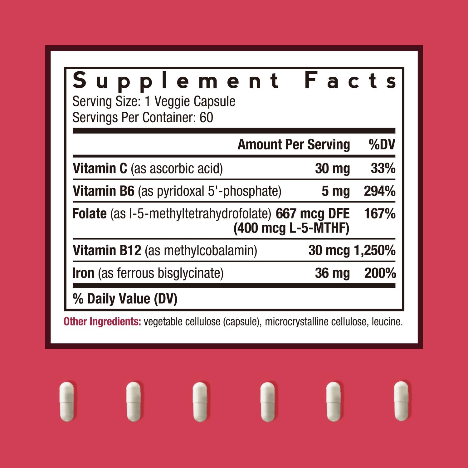Doctor's Recipes Iron Supplement, Iron Bisglycinate with Vitamin C, B6, Folate & B12, Non-Constipating, Stomach Friendly, Gentle Iron Pills for Iron Deficiency, Blood & Energy Support, 60 Vegan Caps