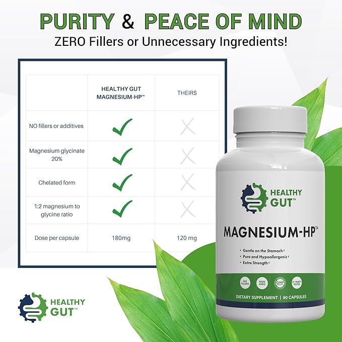 Healthy Gut Magnesium-HP | Ultra Pure Glycinate with Zero Fillers | 180 mg Magnesium Glycinate | 90 Servings