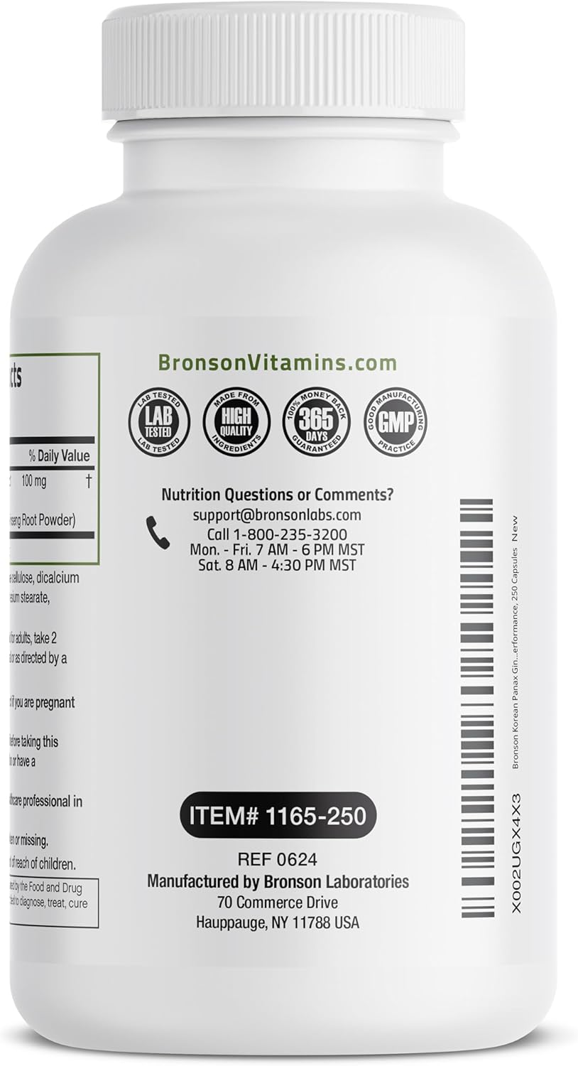 Bronson Korean Panax Ginseng Supports Energy, Endurance & Vitality + Memory and Mental Performance, 250 Capsules