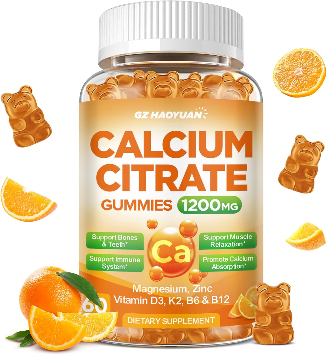 Calcium Citrate Gummies - 1200mg Calcium Gummies Supplements for Women & Men with Vitamin D3, K2, Magnesium, Zinc High Absorption for Bone, Muscle & Immune Support, Orange Flavor, 60 Count