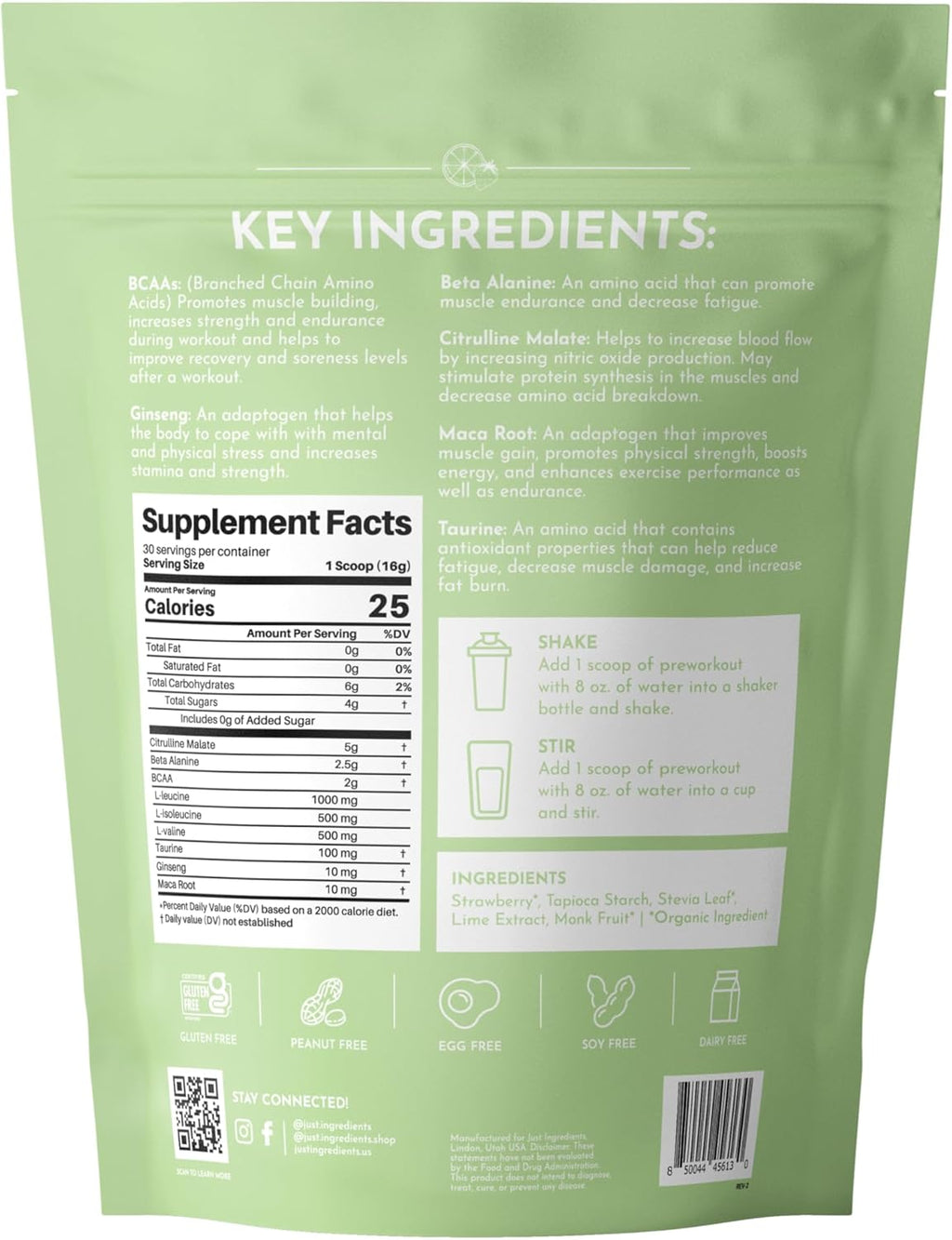 JUST INGREDIENTS Pre-Workout Strawberry Lemonade (Caffeine-Free) - BCAAs, Beta Alanine, Citrulline Malate, Ginseng, Maca Root - 30 Servings