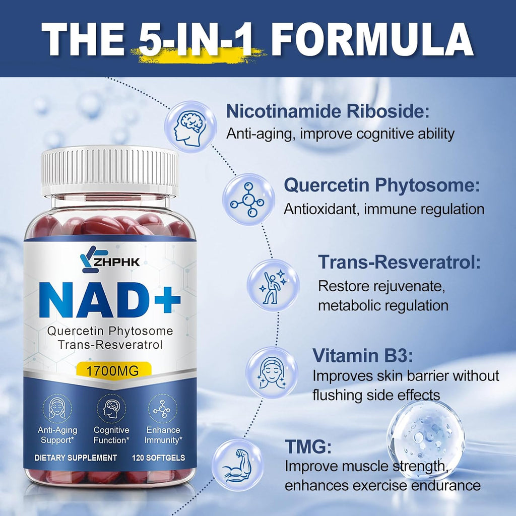 NAD Supplement Softgels 1700mg, Nad Supplements for Women & Men with Nicotinamide Riboside Quercetin Phytosome, Trans Resveratrol & TMG, Boost NAD Energy Anti-Aging Support 360-Count, 180 Days Supply