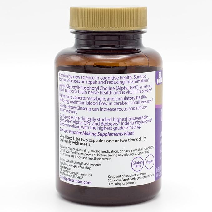 SunUp Cognition Support Capsules, 30 Doses, Alpha-GPC, Berberine, Ginseng, Glycine, Brain Health Supplement