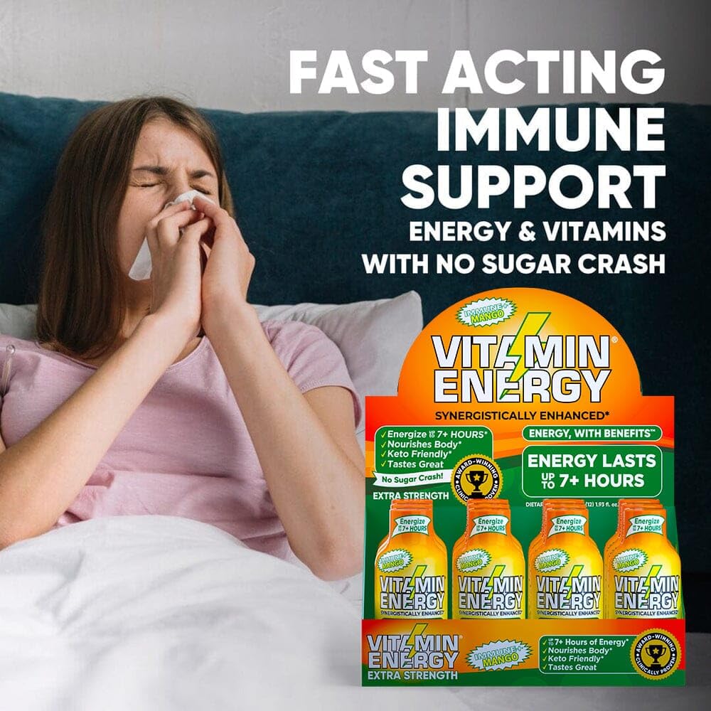Vitamin Energy Immune+ Extra Strength Energy Shot Mango 48 Pack, 260mg Natural Caffeine, B-Vitamins, Citicoline, Green Tea, Immunity & Focus Support, Zero Sugar, Gluten-Free 1.93 fl oz