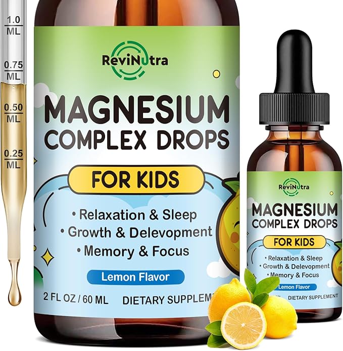 Magnesium Glycinate Liquid for Kids, Kids Magnesium Liquid Drops Supplement with L-Theanine, Calcium, Zinc, Vitamin D3 K2 for Sleep Calm Relaxation Brain Bones Focus, Lemon Flavor 2 Fl Oz