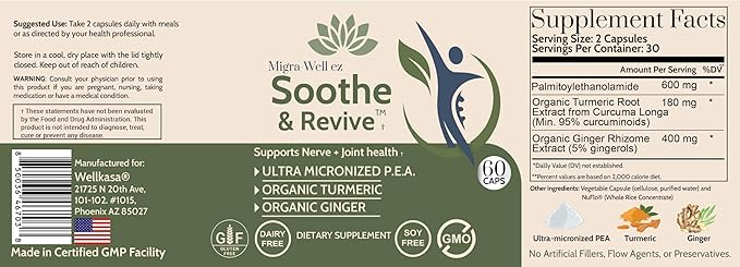 Migra-Well EZ Ultra-Micronized Pea (Palmitoylethanolamide) 600mg with Organic Turmeric & Ginger, Nerve Support and Joint Health Supplement for Men & Women, Non-GMO, Gluten-Free, 60 Capsules
