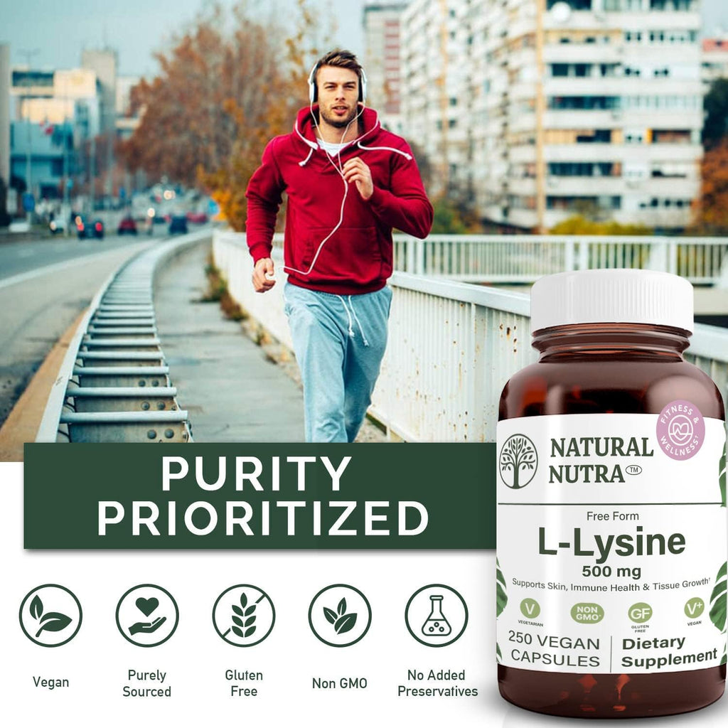 Natural Nutra L Lysine HCl, Promotes Bone Health and Growth, Support Skin Health, Improve Vitamin C Absorption, Helps Built Collagen, Improve Calcium Absorption, Non-GMO, Vegan, 500 mg, 250 Capsules.