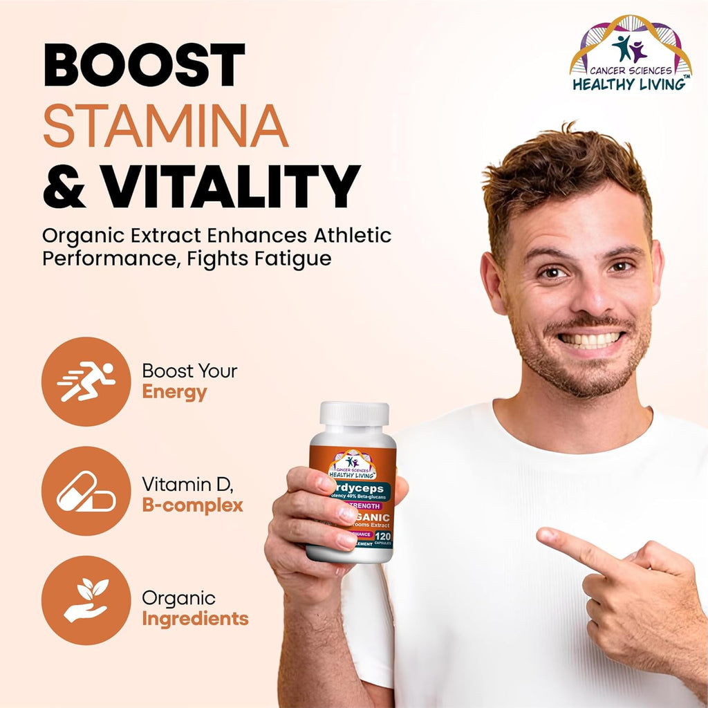 Cancer Sciences Cordyceps Mushroom Supplement Capsules - 1,500mg Organic Mushroom Complex for Wellness, High Potency 40% Beta-Glucans, Immune Support Supplement for Energy & Stamina Booster, 120 Count