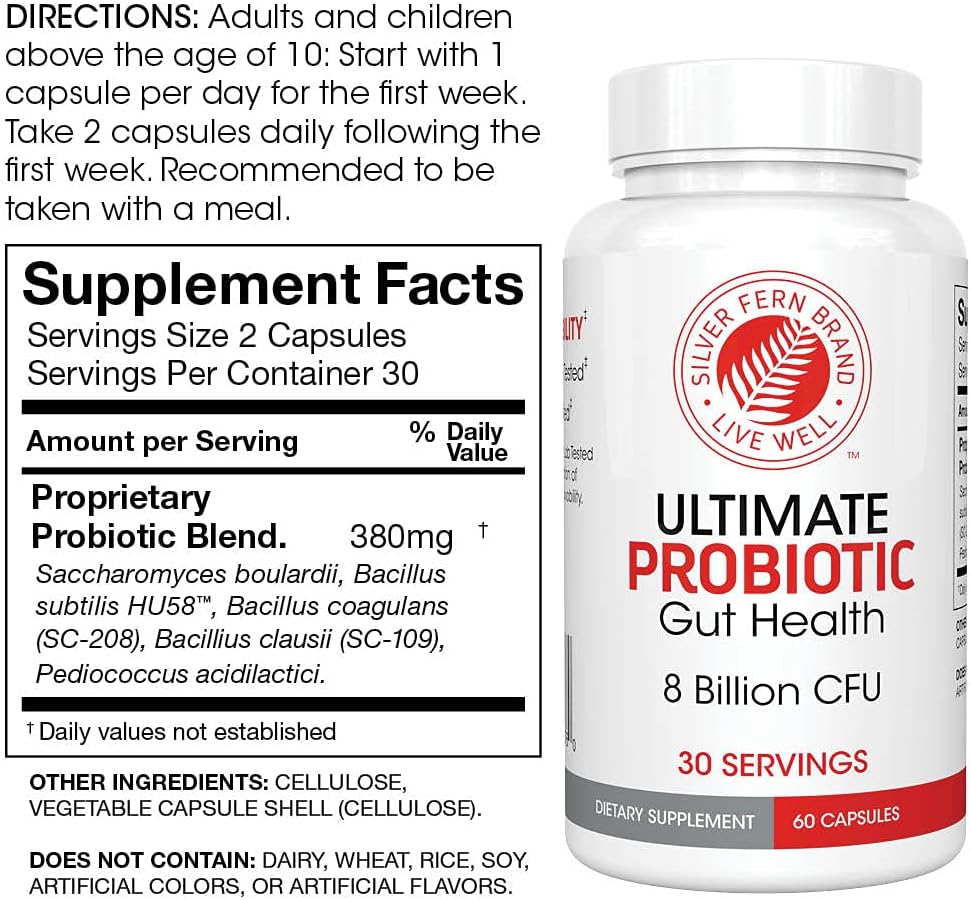 Silver Fern Brand Family Probiotics - Ultimate Adult Probiotic (1 Bottle = 60 Capsules) Plus Ultimate Children's Probiotic for Kids (1 Bottle = 30 Chewables) - Gut Health & Microbiome Support