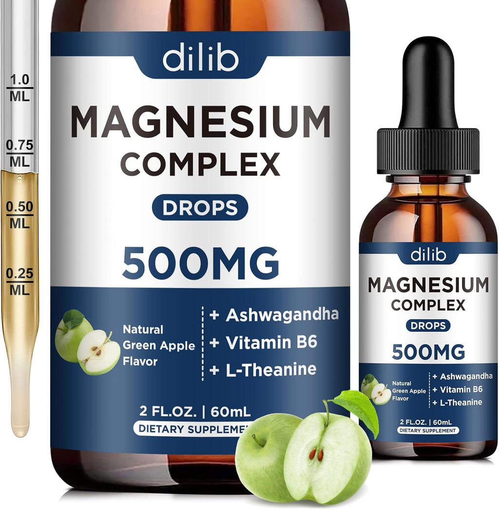Triple Magnesium Complex Supplement-Magnesium Glycinate, Citrate, Malate Liquid Drops 500mg with Ashwagandha, L-Theanine, B6 for Calm, Stress Relief, Sleep, Muscle Support-Green Apple Flavor