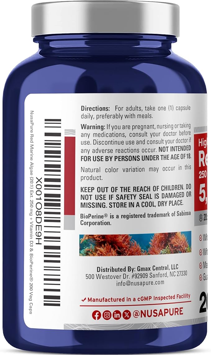 NusaPure Red Marine Algae 20:1 Extract, 250 mg Equivalent to 5,000 mg 200 Veggie Capsules (Non-GMO & Soy Free) Bioperine