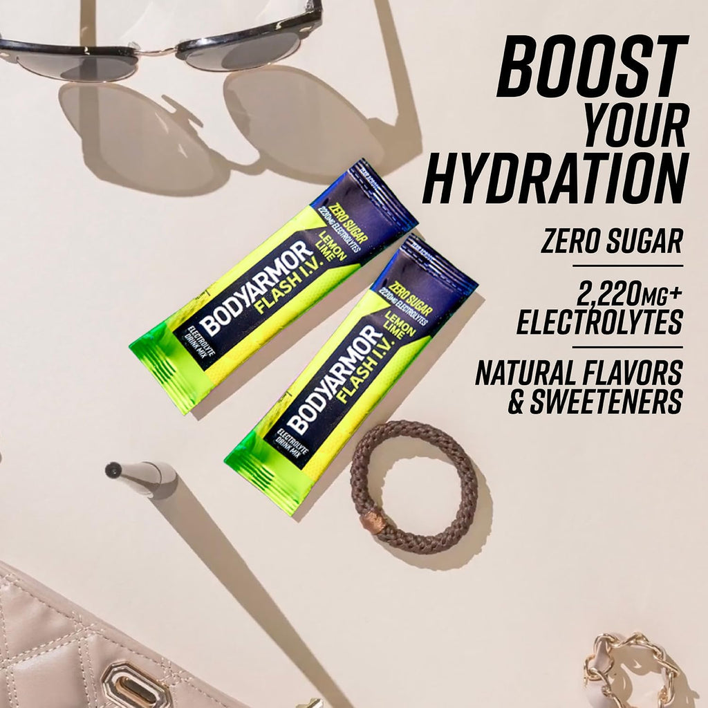 BODYARMOR Flash IV Electrolyte Packets, Lemon Lime - Zero Sugar Drink Mix, Single Serve Packs, Coconut Water Powder (6 Count) (Pack of 2)
