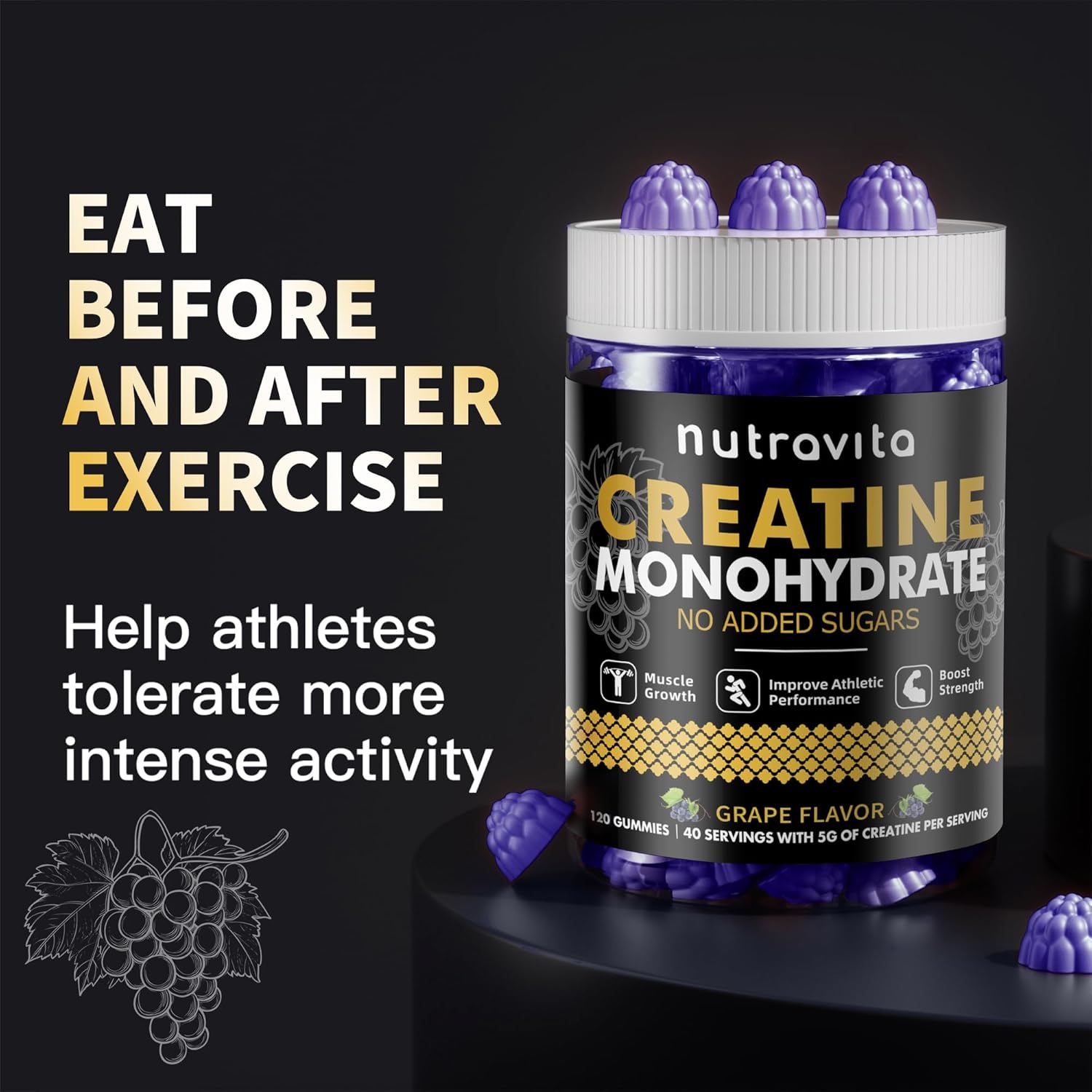 Creatine Monohydrate Gummies for Men & Women-5g of Creatine Monohydrate per Serving - Sugar Free,Vegan, Grapes Flavor, 120 Count