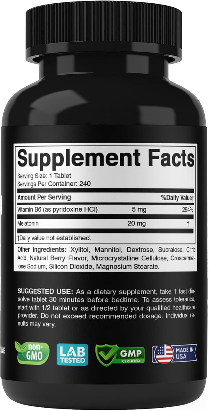 Melatonin 20 mg - 240 Fast Dissolve Tablets - Drug Free - Natural Berry Flavor - Vegetarian, Non-GMO, Gluten Free 240 Count (Pack of 1) (240 Count (Pack of 1))