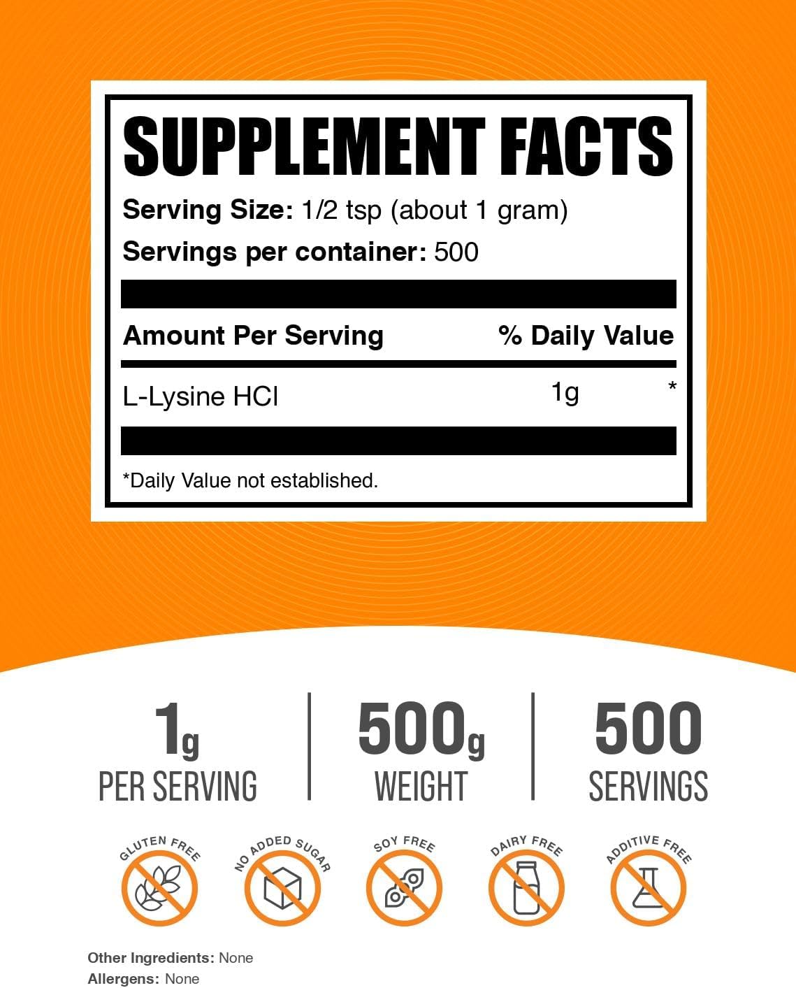 BulkSupplements.com L-Lysine Powder - Lysine Supplement, Essential Amino Acid, for Immune Support - Gluten Free, 1g per Serving, 500g (1.1 lbs) (Pack of 1)