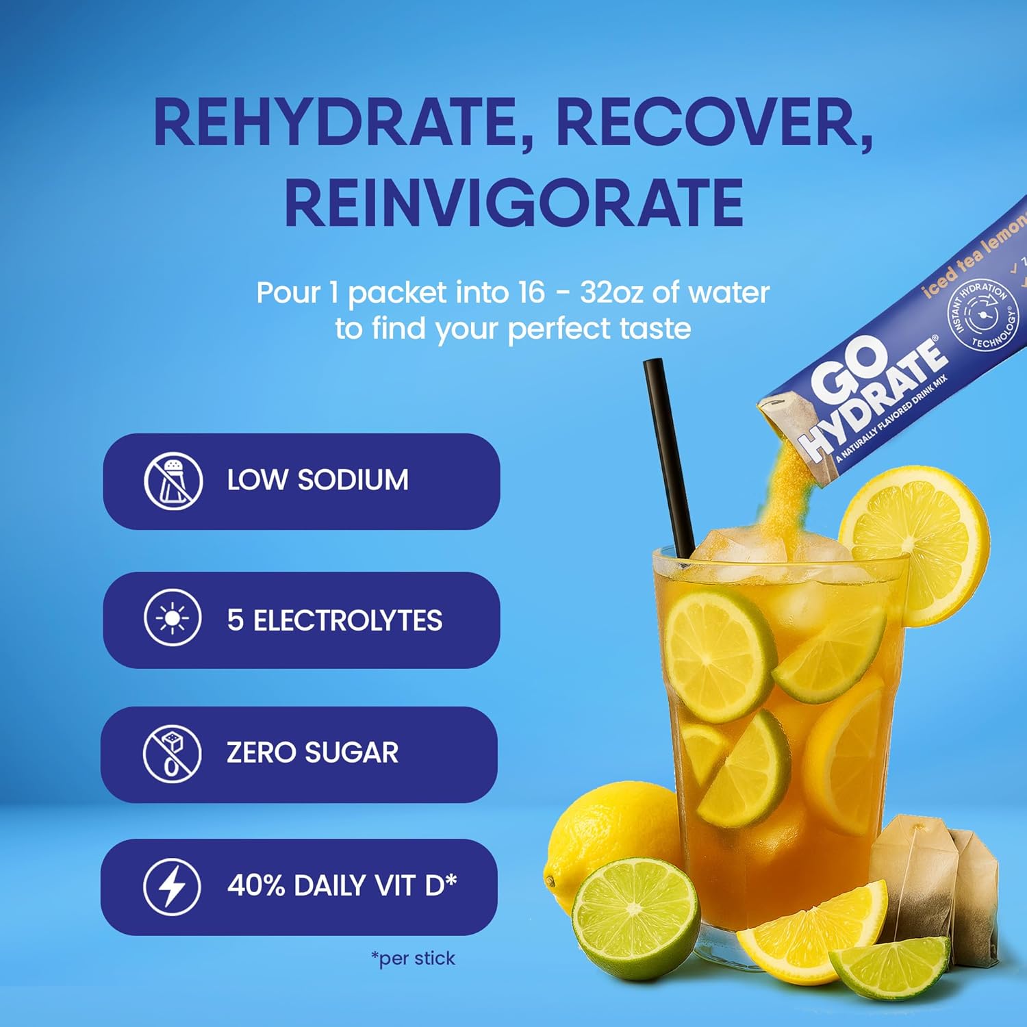 GoHydrate Low Sodium Electrolytes Powder Packets Sugar Free - Instant Hydration Daily Drink Mix - Zero Sugar Water Flavor Packet Singles with Vitamin D - (Iced Tea Lemonade, 30 Packs)