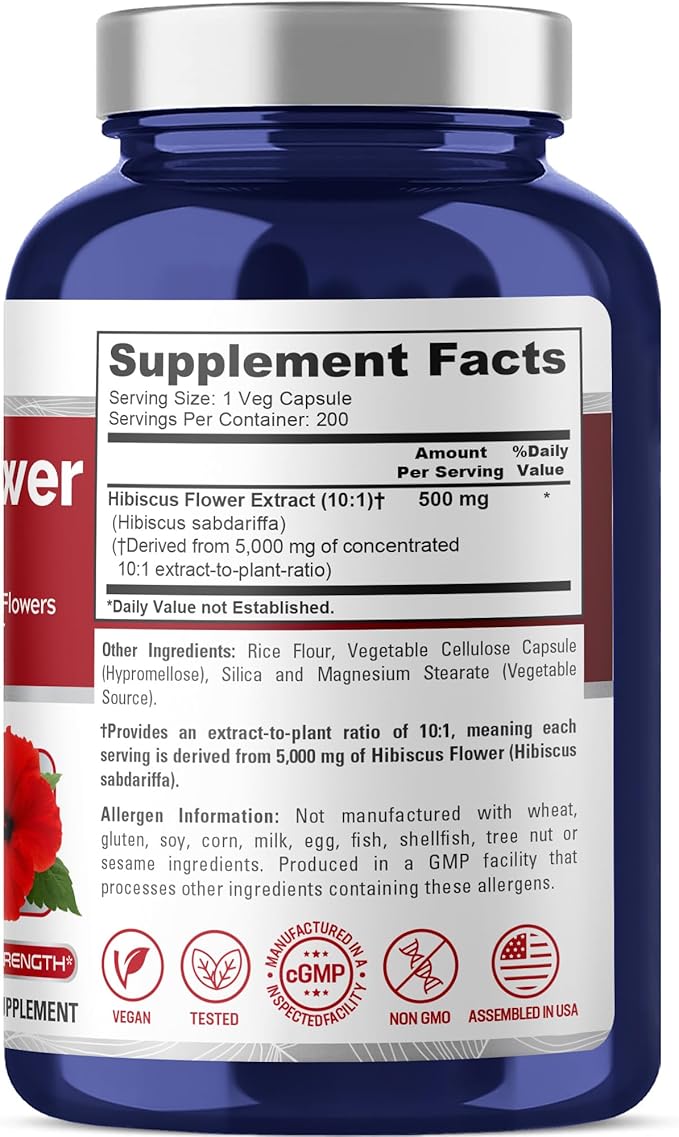 NusaPure Hibiscus Flower 10:1 Extract, 500 mg Equivalent to 5000mg 200 Vegetarian Caps (Non-GMO, Vegan)
