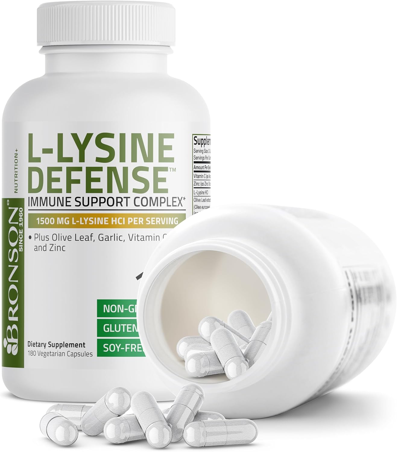 Bronson L-Lysine Defense Immune Support Complex 1500 MG L-Lysine Plus Olive Leaf, Garlic, Vitamin C and Zinc - Non-GMO, 180 Vegetarian Capsules