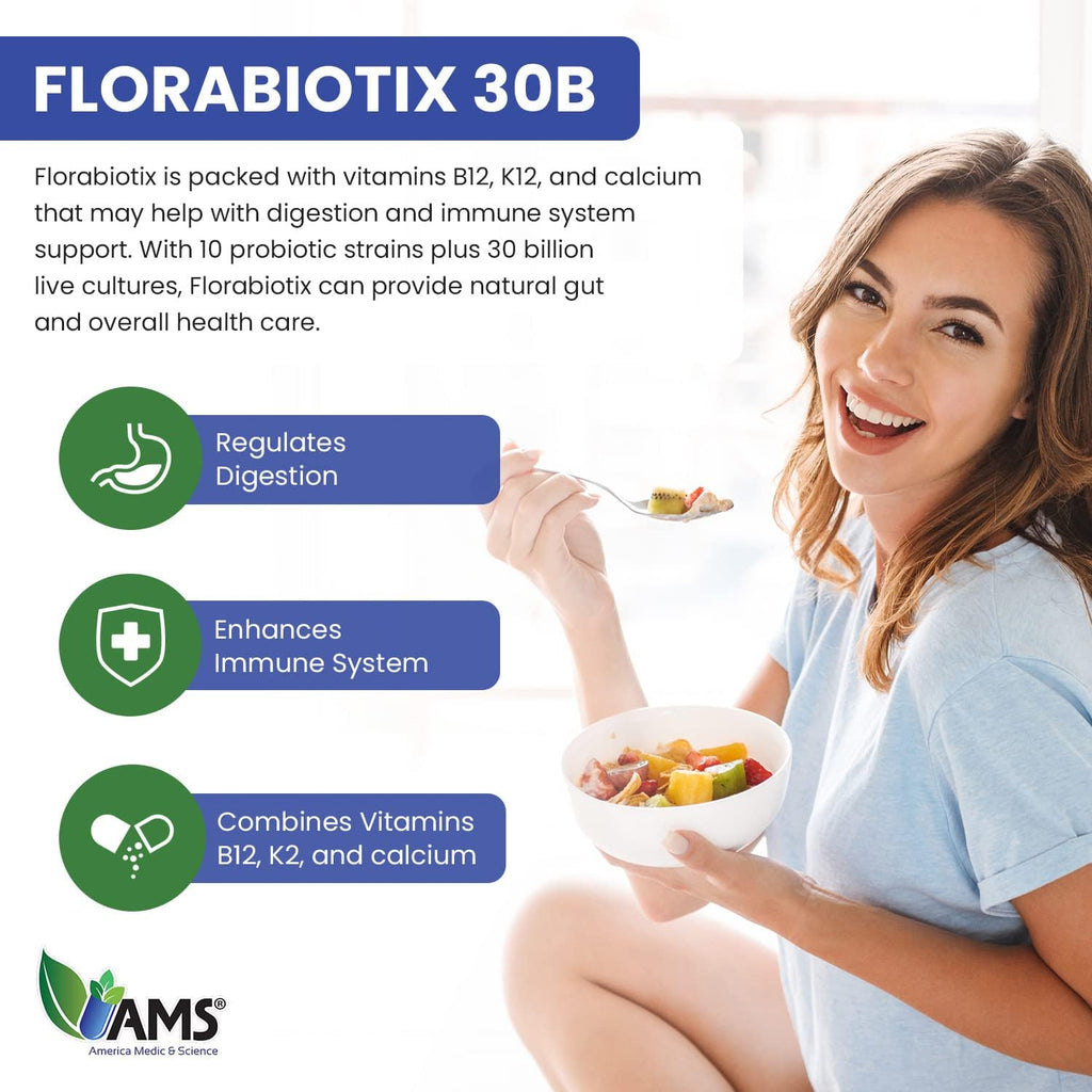 America Medic & Science Florabiotix Probiotic (30 Capsules) | Dietary Supplement for Men and Women| 30 Billion Live Cultures | 10 Probiotic Strains | Supports Digestive and Immune Health