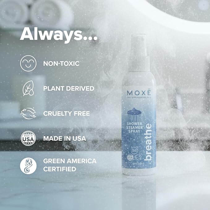 MOXE Shower Mist, Spa Steam Spray, Certified Natural Essential Oils, Aromatherapy, Tension Relief (Breathe, 4 Fl Oz (Pack of 2))