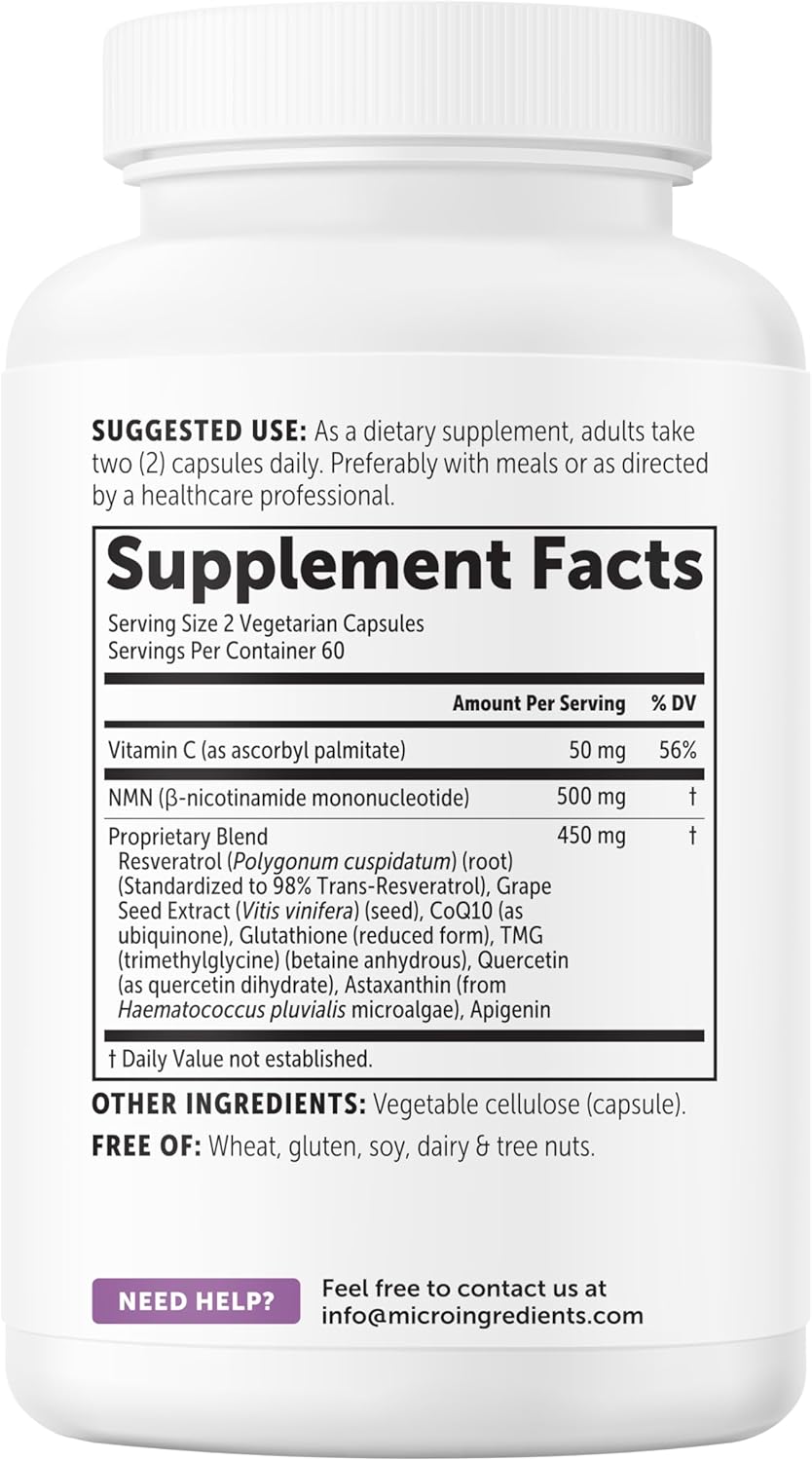 NMN Complex 1,000mg Per Serving, 120 Veggie Capsules | 10-in-1 with Nicotinamide Mononucleotide, Vitamin C, Resveratrol, CoQ10, TMG, Quercetin, & Glutathione | NAD+ Supplement Precursor | Filler Free