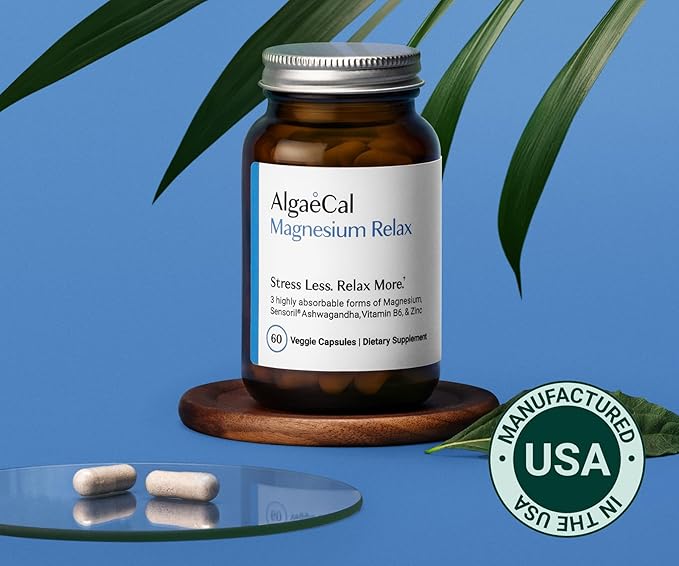 AlgaeCal Magnesium Relax™ - Chelated Magnesium with Ashwagandha for Sleep & Occasional Anxiety - Glycinate, Malate, Citrate - Sleep, Mood, & Cortisol Support (120 Caps - 2 Months Supply)