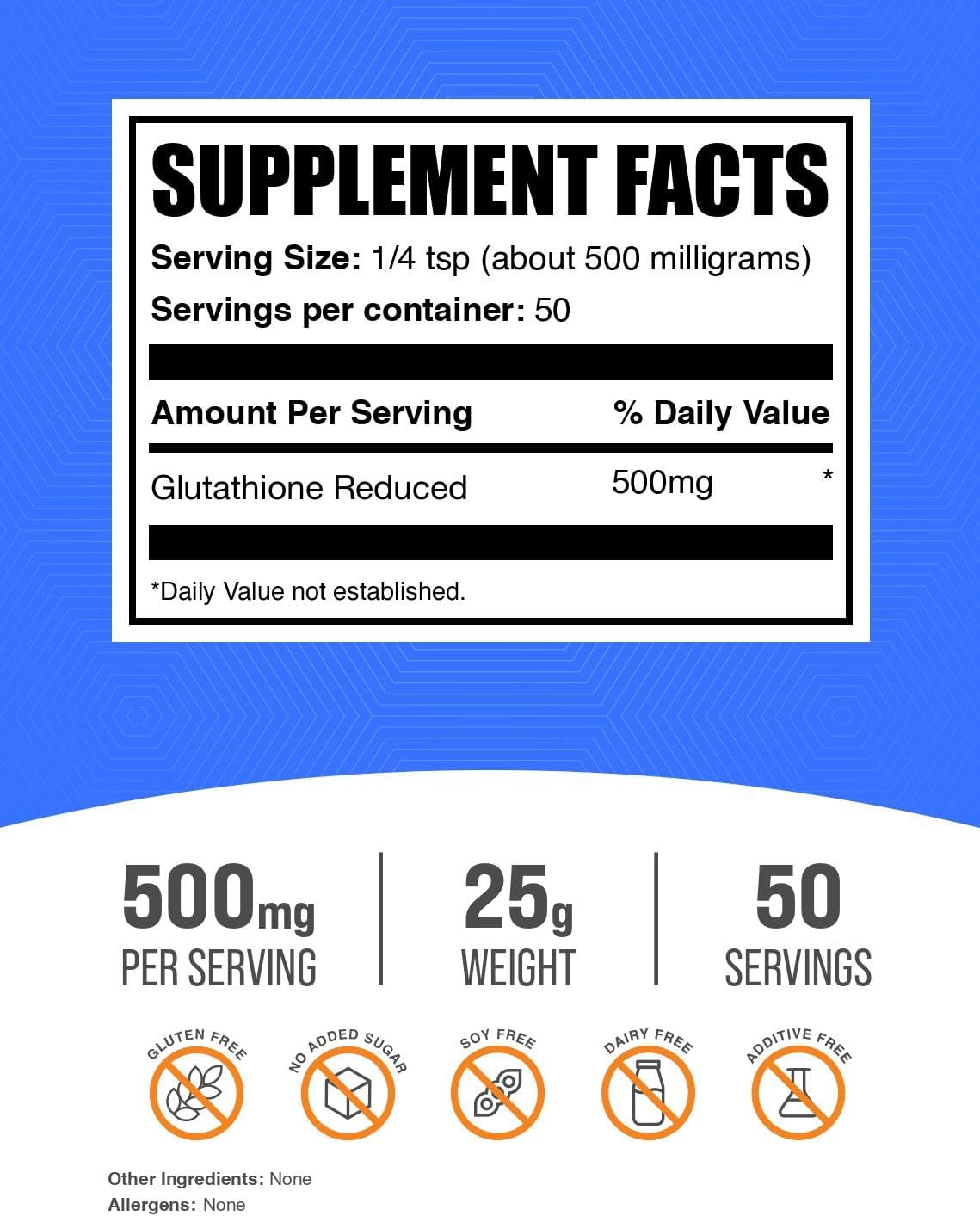 BulkSupplements.com Glutathione Reduced Powder - Glutathione Supplement, Reduced Glutathione Powder - Glutathione 500mg, Gluten Free, 500mg per Serving, 25g (0.88 oz) (Pack of 1)
