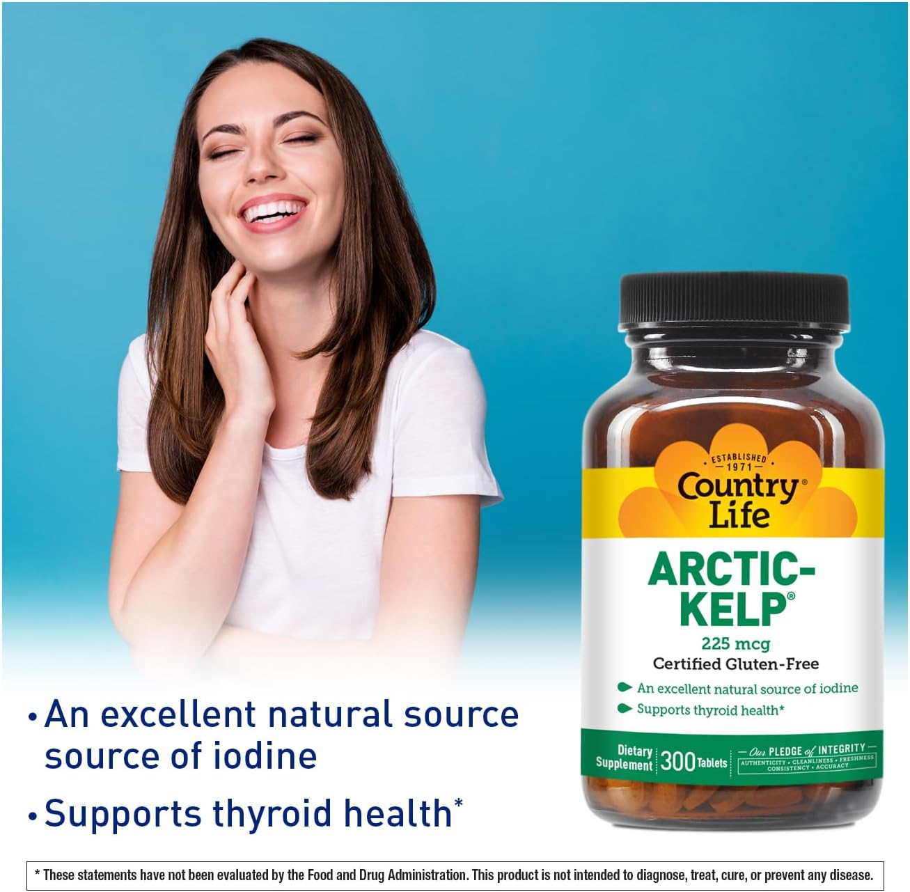 Country Life Arctic-Kelp – Natural Iodine Supplement for Thyroid and Immune Support – Vegan, Gluten-Free, 225 mcg – Ideal for Thyroid Health, Hypothyroidism, and Adrenal Support, 300 Tablets